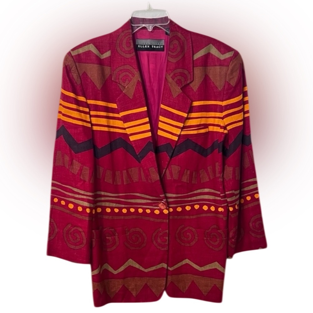 Ellen Tracy Red Geometric Stripe Blazer with Yellow Accents